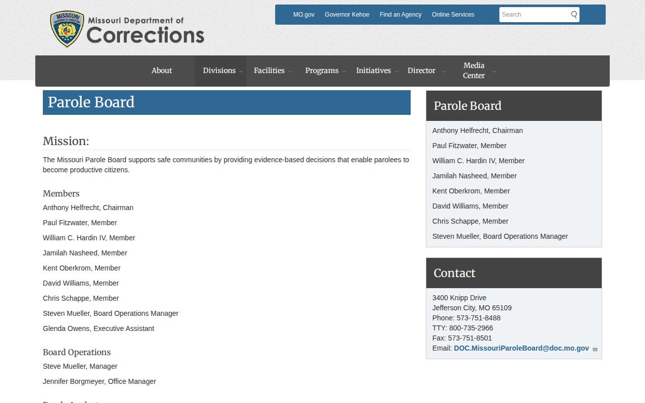 Mississippi County probation and parole contacts on Missouri Parole Board page