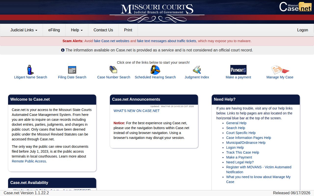 Mississippi County released inmate Case.net court search options
