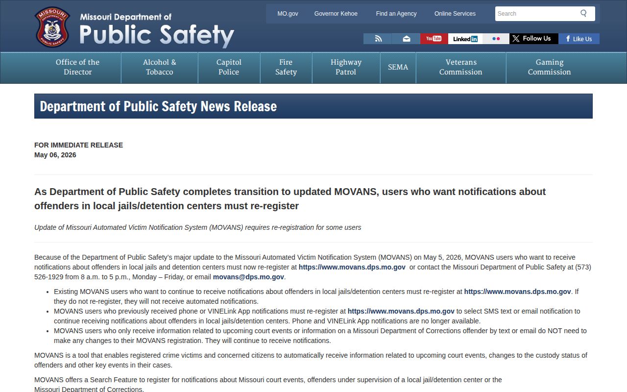 Mississippi County release alert registration change from Missouri DPS